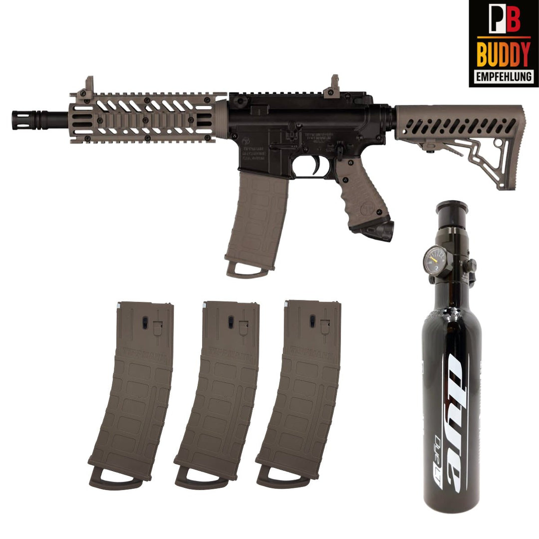 Tippmann TMC MagFed Paintball Markierer cal.68 Sparpaket inkl. 0,2l HP System 200bar, 4xMagazinen - Schwarz, Tan - Paintball Buddy